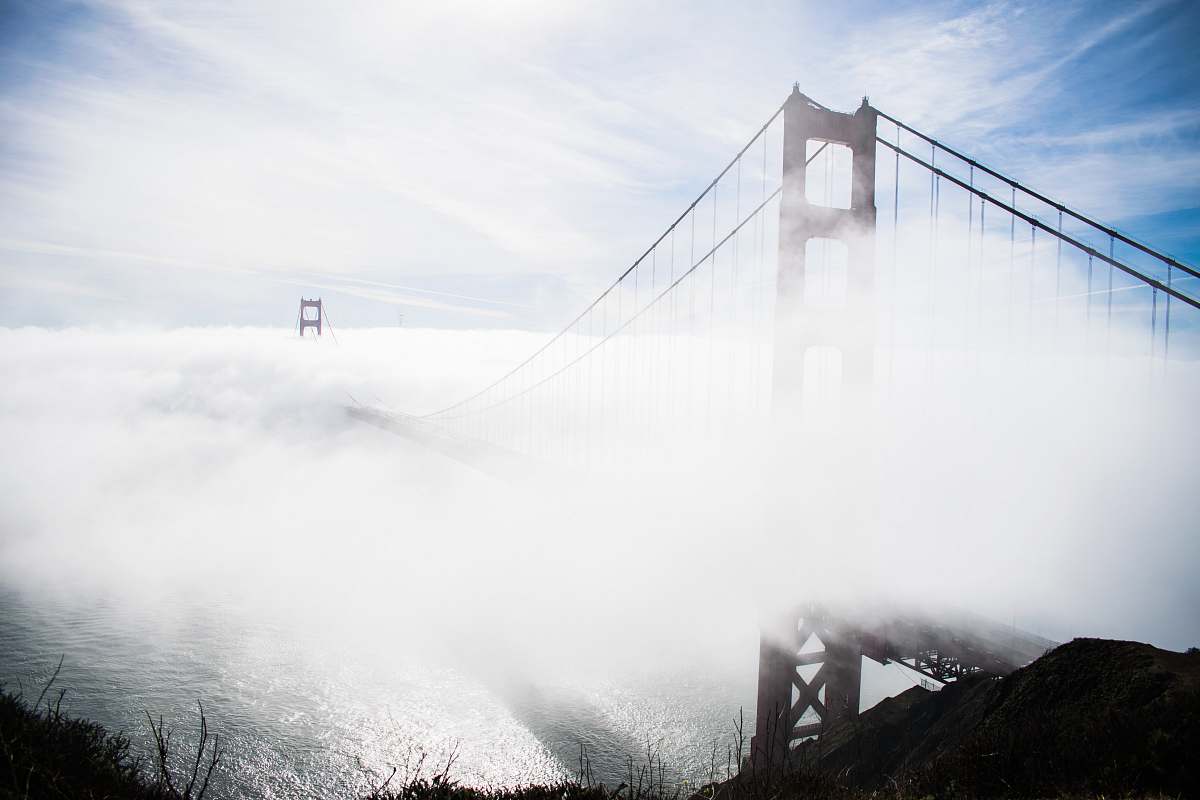 san francisco Golden Gate bridge during fog fog
